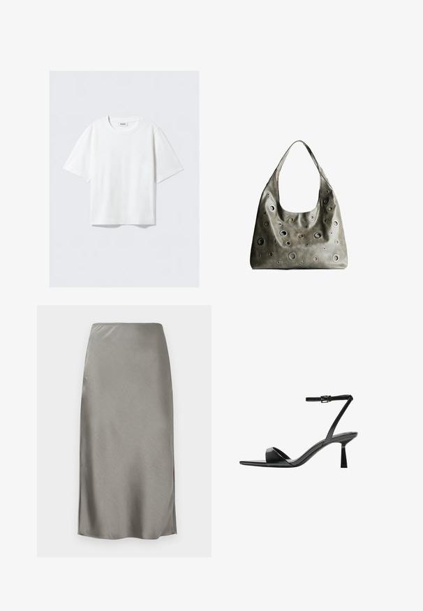 Vit kortärmad t-shirt i mjuk bomull, med rund halsringning och avslappnad passform med rak fåll, enfärgad utan mönster eller grafik.; Grå satin midi kjol med en slät och mjuk textur. Lätta sidoklyftor förhöjer rörelse. Minimalistisk design, åtsittande midja och rak siluett.; Bershka Sandaletter - black; Olivgrön läderhandväska med en avslappnad design, som har cirkulära utskärningar i olika storlekar och accenter i mörkare och ljusare nyanser.