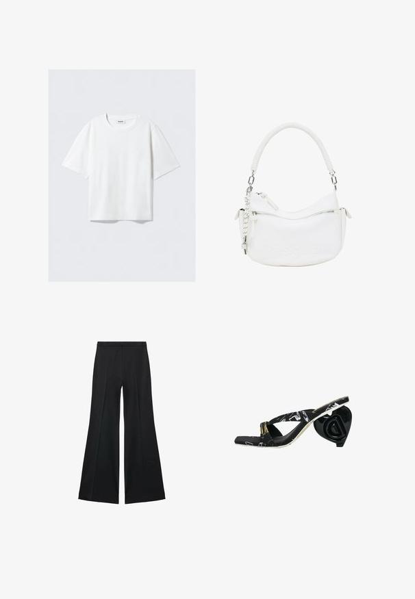 White short-sleeve t-shirt in soft cotton fabric, featuring a round neckline and relaxed fit with straight hem, plain without patterns or graphics.; Black wide-leg pants with a smooth texture, featuring front pleats and a tailored design. The fabric is lightweight and flowy.; Black flip-flop with cross straps, patterned upper, and a sculptural black heart-shaped heel featuring a logo detail.; White faux leather handbag with a curved shape, textured handle, silver hardware, and a zippered pocket. Features a debossed logo.