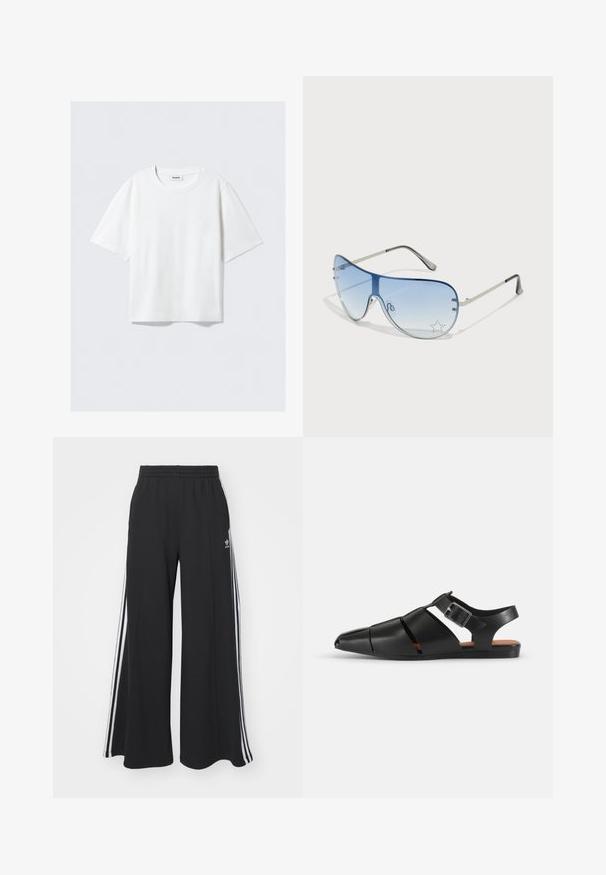 Bílý krátký rukáv tričko z měkké bavlny, s kulatým výstřihem a volným střihem s rovnym lemem, hladké bez vzorů nebo grafiky.; Černé pohodlné tepláky širokého střihu s elastickým pasem, na boční straně s bílými pruhy a vyšitým logem na levé stehně.; Černé kožené sandály s špičatou špičkou a otevřenou patou. Mají široké popruhy se sponou a plochou podrážkou. Hladká textura, minimalistický design.; Pilotské sluneční brýle s modrými gradientními skly, stříbrným kovovým rámem a dekorativními hvězdnými akcenty na sklech. Hladký a elegantní design.; Černá kožená kabelka se dvěma krátkými uchy, stříbrným kováním, bílými detaily a bílým logem. Má texturovaný povrch a kompaktní design.