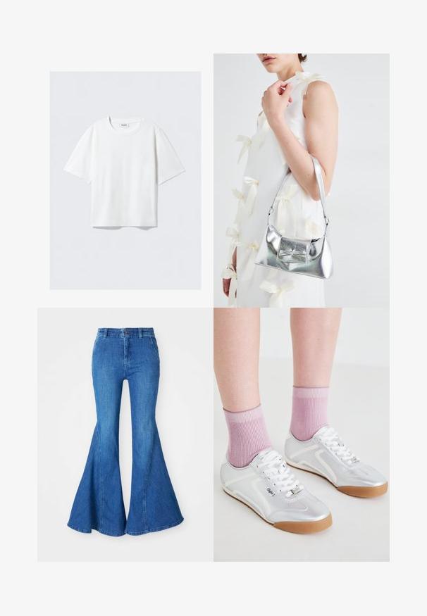 Valkoinen lyhythihainen t-paita pehmeästä puuvillakankaasta, jossa on pyöreä pääntie ja rento istuvuus suoran helman kanssa, yksinkertainen ilman kuvioita tai grafiikkaa.; Farkut, joissa on leveät lahkeet, keskipitkä sininen pesu ja korkealla vyötäröllä. Ominaisuuksiin kuuluvat näkyvät saumat ja nappikiinnitys vyötäröllä.; Hopeaiset urheilukengät valkoisilla yksityiskohdilla ja kumipohjilla, yhdistettynä ribbitettyihin vaaleanpunaisiin sukkiin, esittelee matalan profiilin muotoilua.; Harmaa metallinhohtoinen käsilaukku, jossa on jämäkkä muotoilu. Laukussa on yläkahva ja etuosassa kauniisti koristeena solmukkeen yksityiskohta. Pinnassa on sileä tekstuuri ja heijastava viimeistely.