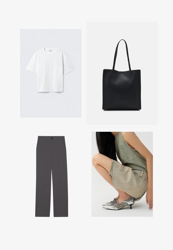 Vit kortärmad t-shirt i mjuk bomull, med rund halsringning och avslappnad passform med rak fåll, enfärgad utan mönster eller grafik.; Grå byxor med rak ben-design, som har två sidofickor och knappstängning. Slät tyg utan synliga mönster eller detaljer.; Silverfärgade metalliska skor med spetsig tå och låg klack, kombinerat med en ljusblå denimkjol med fransade kanter och en enkel design.; Svart lädertoffelväska med slät textur, rektangulär form och två långa handtag. Ingen synlig hårdvara eller dekorationer.