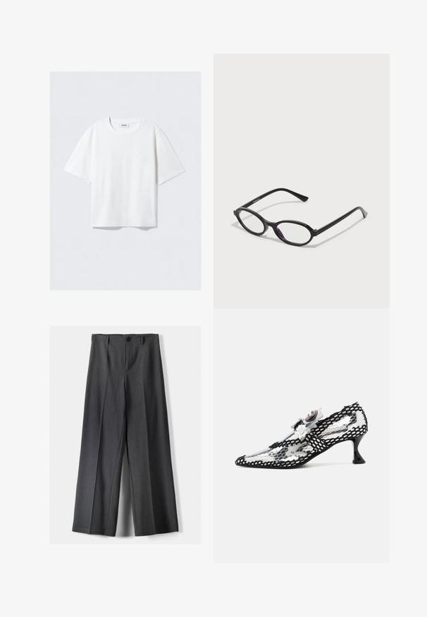 Rövid ujjú fehér póló puha pamut anyagból, kerek nyakkivágással és laza fazonnal, egyenes aljjal, minta vagy grafika nélküli.; Széles szárú nadrág sötétszürke anyagból, gombos záródással, elülső redőkkel és övhurkokkal. Simára kialakított textura, igényes szabással.; Átlátszó sarkú cipő fekete és fehér mintás hálós borítással, hegyes orral és kis, szélesedő fekete sarkal. Virágos díszítések gazdagítják a designt.; Fekete ovális keretű szemüveg, átlátszó lila díszítéssel a lencséken. A keretek matt felületűek, és karcsú, egyenes szárakkal rendelkeznek.; Ezüst fémes kézitáska, struktúrált formával, felső fogantyúval és masnis részlettel az elején. Simaságával és fényes felületével tűnik ki.