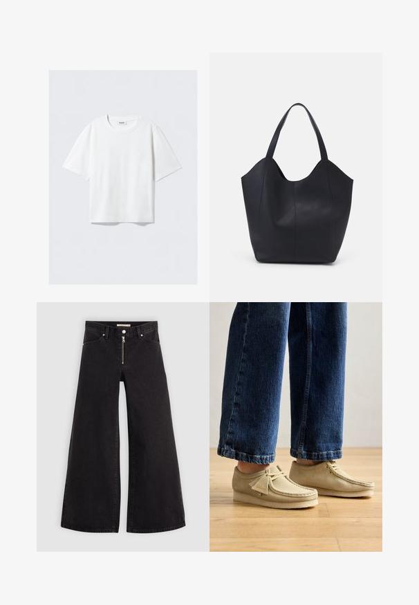 Biele tričko s krátkym rukávom z jemnej bavlnenej tkaniny, s okrúhlym výstrihom a uvoľneným strihom so rovnými okrajmi, jednoduché bez vzorov alebo grafiky.; Dlhé nohavice vo voľnom strihu z čierneho denimu so zipsom vpredu, päť vrecúškovým dizajnom a jemnými stehovými detailmi. Hladká textúra a neformálny štýl.; Béžové semišové topánky s kulatými špičkami a nízkym profilom. Vybavené šnurovacím dizajnom a vyšitými detailmi. Nosené s skrátenými modrými džínami.; Čierna taška s dlhým uchom vyrobená z hladkej kože, s oblým otvoreným vrchom a dvoma ramennými popruhmi, minimalistického dizajnu.