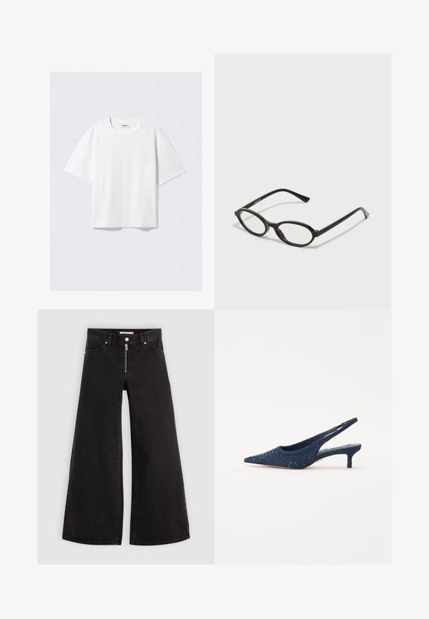 Valge lühikeste varrukatega T-särk pehmest puuvillast, ümmarguse kaeluse ja lõdva istuvusega sirge äärega, ilma mustrite või graafikateta.; Laiad teksad mustast denimist, millel on lukuga eesmine osa, viie taskuga disain ja peened õmblusdetailid. Sile tekstuur ja juhuslik stiil.; Tumesinine slingback king, millel on terav nina, kaunistatud siniste helmestega ja tekstuuriga kangast pealne; omab madalat plokknahk.; Must kärgpruunid raamiga prillid, millel on läbipaistvad lilla aktsendid läätsedel. Raamid on mattviimistlusega ja õhukesed, sirged tempels.