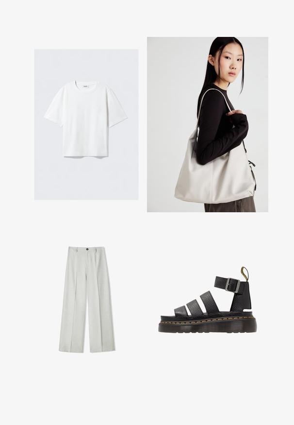 Biele tričko s krátkym rukávom z jemnej bavlnenej tkaniny, s okrúhlym výstrihom a uvoľneným strihom so rovnými okrajmi, jednoduché bez vzorov alebo grafiky.; Svetlosivé široké nohavice vyrobené z textúrovaného materiálu, s gombíkovým zapínaním a dvoma záhybmi vpredu pre dodatočný detail.; Čierne kožené sandále s tromi širokými popruhmi, nastaviteľnou kovovou prackou, hrubou štruktúrovanou podrážkou a oranžovým šitím pozdĺž okraja.; Béžová kabelka vyrobená z mäkkého materiálu, s uvoľneným dizajnom, prišitými detailmi a dvoma popruhmi na nosenie na pleciach. Vhodná na každodenné nosenie.