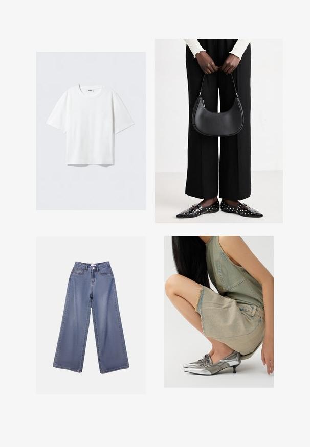 White short-sleeve t-shirt in soft cotton fabric, featuring a round neckline and relaxed fit with straight hem, plain without patterns or graphics.; Wide-leg denim jeans in a light blue wash, featuring a high waist, front pockets, and a button closure with belt loops.; Silver metallic shoes with a pointed toe and low heel, paired with a light blue denim skirt featuring frayed edges and a simple design.; Black leather shoulder bag with a rounded shape, glossy finish, and silver hardware. Person wearing black wide-leg pants and studded loafers.