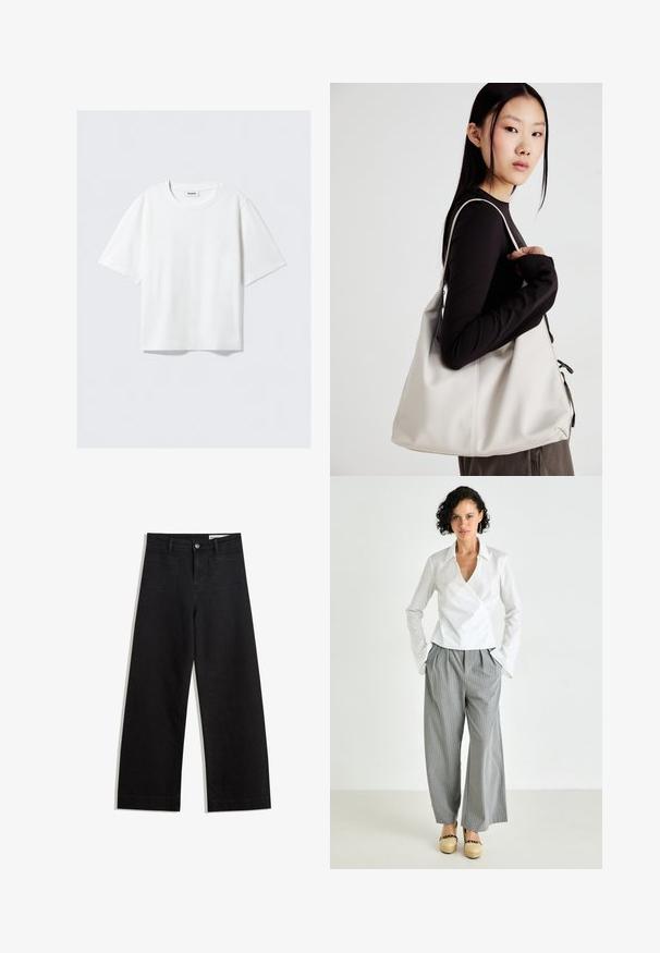 White short-sleeve t-shirt in soft cotton fabric, featuring a round neckline and relaxed fit with straight hem, plain without patterns or graphics.; Black wide-leg denim pants with a high waist, featuring front and back pockets, stitched seams, and a button closure. Smooth texture.; White wrap blouse with a collar, combined with gray pinstriped wide-leg trousers, and tan platform shoes. Smooth fabric and relaxed fit.; Beige handbag made of soft material, featuring a slouchy design, stitched detailing, and two shoulder straps. Suitable for everyday use.