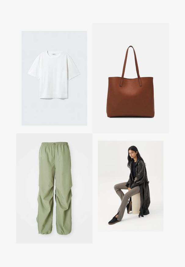 Balta trumpa rankovė t-shirt marškiniai iš minkštos medvilnės, su apvaliu kaklu ir laisvu siluetu, tiesia apatine dalimi, be raštų ar grafikų.; Šviesiai žali, elastinga juosmens juosta, laisvi kelnių modeliai su surišta šonine detale ir rankogaliais. Pagaminti iš lygios medžiagos.; Juodas odinis paltas, priderinta juoda palaidinė, rudos sukirpimo kelnės ir juodi sportiniai bateliai. Modelis sėdi ant kubo su ilgomis tiesiomis plaukais.; Ruda odinė priekabų krepšys su glotnia tekstūra, atviru viršumi ir dviem petnešomis. Su minimalia siuvimo detalėmis ir nematoma aparatūra.