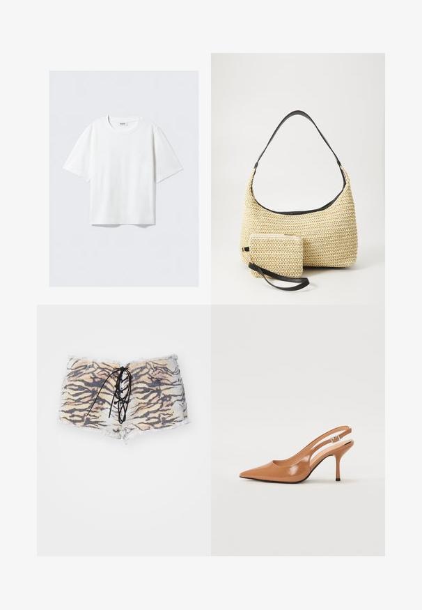 Bijela majica kratkih rukava od mekanog pamuka, s okruglim izrezom i opuštenim krojem sa ravnim rubom, jednostavna bez uzoraka ili grafika.; Šortsi s tigrovim uzorkom napravljeni od denima s raspadnutim rubom, koji imaju crnu čipkastu kompresiju sprijeda i tonirane šavove. Paleta boja uključuje bež i crnu.; Sandal s petom u obliku šiljastog prsta od glatkog, sjajnog smeškastog materijala. Ima zakrivljeni izrez i vitku štiklu. Detalj s srebrnom kopčom.; Tkana torba od slame s zakrivljenom siluetom, koja sadrži glatku crnu kožnu naramenicu i odgovarajući mali neseser koji je pričvršćen narukvicom.; Bistre i prozirni prstenovi od smole, jedan glatki i proziran, a drugi s teksturiranim, bistrim završetkom. Obojica imaju zaobljene, masivne dizajne.