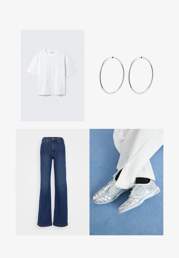 Camiseta blanca de manga corta en suave tejido de algodón, con cuello redondo y corte relajado con dobladillo recto, lisa sin patrones ni gráficos.; Pantalones vaqueros de pierna ancha fabricados en denim azul oscuro. Presentan una cintura alta, diseño de cinco bolsillos y costuras sutiles en las costuras.; Zapatillas deportivas plateadas con un acabado suave y brillante, que presentan un diseño cosido y el número 90 en el lateral, combinadas con pantalones blancos.; Pendientes de aro de plata con un acabado liso y pulido. Forma circular, ancho consistente, diseñados para un fácil cierre. Sencillos y elegantes.