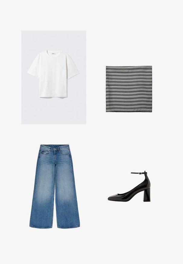 Biała krótka koszulka z miękkiej bawełny, z okrągłym dekoltem i luźnym krojem, z prostym wykończeniem, gładka, bez wzorów i grafik.; Szerokie niebieskie dżinsy z wypłukanym odcieniem. Posiadają mocne kieszenie, wysoki stan oraz klasyczne zapięcie na guzik i zamek błyskawiczny.; Czarne, lakierowane szpilki z zapięciem na kostce o błyszczącym wykończeniu, z wydłużonym noskiem i grubym obcasem. Gładka struktura, minimalne detale.; Czarnobiała w paski chusta, wykonana z lekkiego materiału. Prostokątny kształt z równymi, naprzemiennymi paskami o różnych szerokościach. Miękka tekstura.; Brązowa zamszowa torba hobo o zaokrąglonym kształcie, z pojedynczym paskiem na ramię, z zamkiem błyskawicznym i gładką strukturą. Prosty design z minimalną ilością detali metalowych.