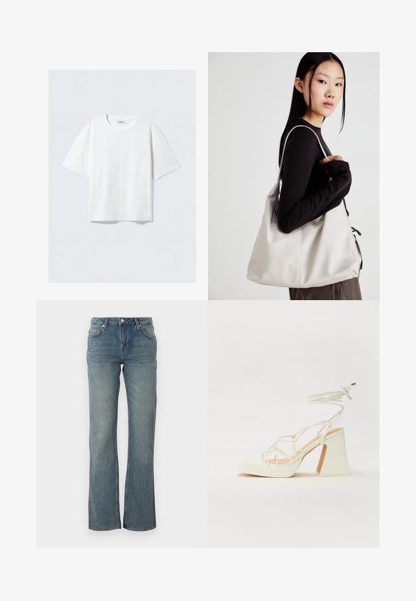 White short-sleeve t-shirt in soft cotton fabric, featuring a round neckline and relaxed fit with straight hem, plain without patterns or graphics.; Light blue denim jeans feature a straight fit, five-pocket design, and copper hardware accents. Fabric has a slightly textured finish.; White high-heeled sandal with a chunky heel, featuring a strappy design and ankle tie. Smooth texture with a platform front for added height.; Beige handbag made of soft material, featuring a slouchy design, stitched detailing, and two shoulder straps. Suitable for everyday use.