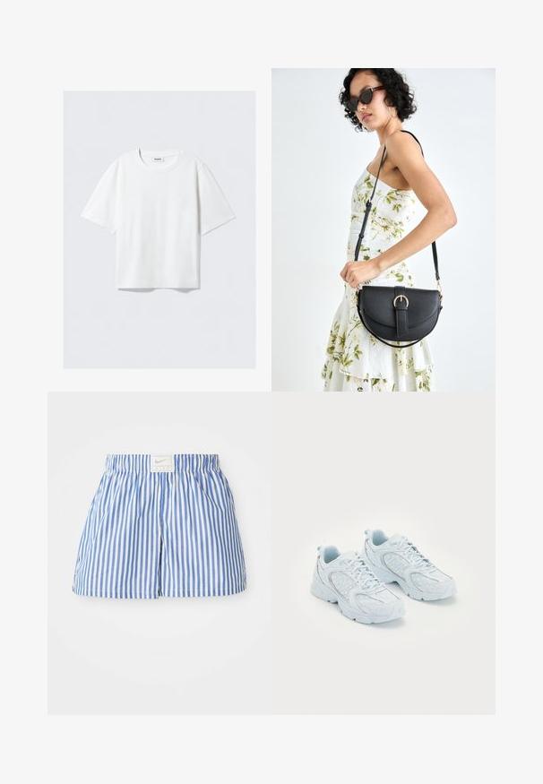 White short-sleeve t-shirt in soft cotton fabric, featuring a round neckline and relaxed fit with straight hem, plain without patterns or graphics.; Blue and white striped shorts with an elastic waistband and a tag featuring the Nike logo. Made of lightweight fabric with a smooth texture.; Light blue athletic shoes with a mesh and synthetic upper, featuring white polka dots and reflective accents, lace-up design, and cushioned soles.; Black leather handbag with a curved shape, detachable strap, and gold hardware. The bag features a flap with a buckle detail.