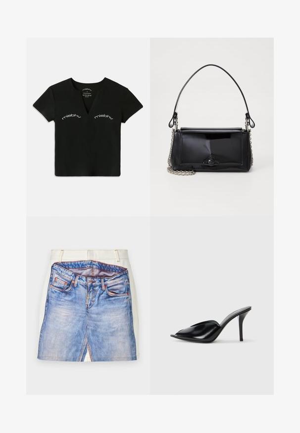 Crni kratki rukavi V-izrez crop top s bijelim natpisom "misbhv" otisnutim dvaput iznad područja grudi.; Kratka traper suknja s uzorkom plave traperice, s bijelim pojasom, narančastim šavovima i detaljima sa strane.; Crne kožne visoke mule s otvorenim prstima, šiljastim dizajnom, glatkom teksturom i uskim štiklama.; Crna patentna kožna torba pravokutnog oblika, s lancem za nošenje i karakterističnim metalnim detaljem u središtu. Glatka tekstura.