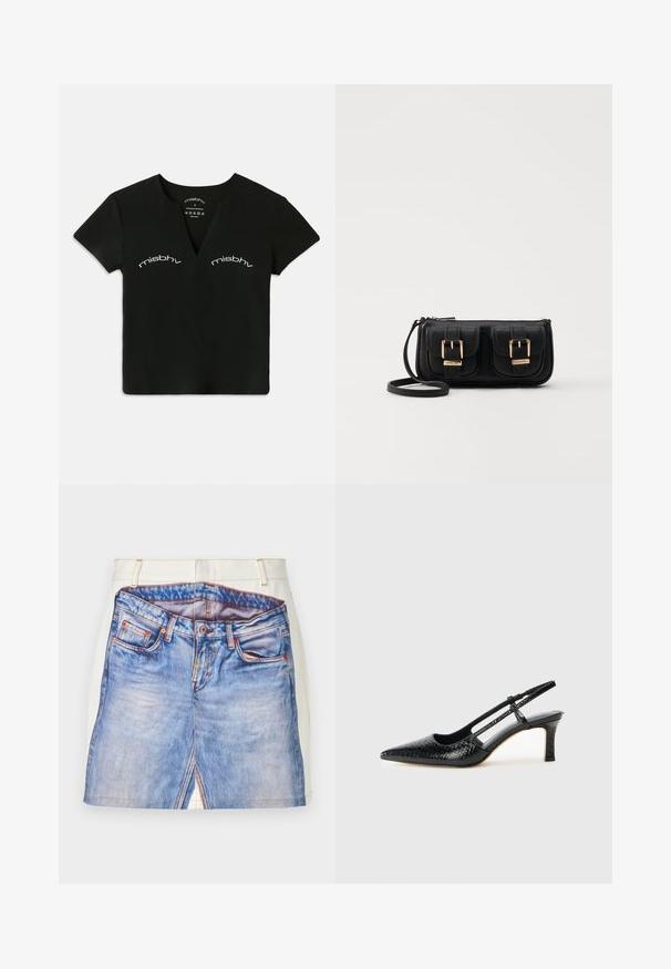 Black short-sleeve V-neck crop top with white "misbhv" text printed twice above the chest area.; Short denim skirt design with a printed blue jeans pattern, featuring a white waistband, orange stitching, and side slit details.; Black patent slingback heel with a pointed toe, featuring textured snake print, adjustable strap, and a short, textured block heel.; Black leather crossbody bag with two front pockets, gold buckles, zipper closure, and a slim strap. Textured surface and compact rectangular shape.