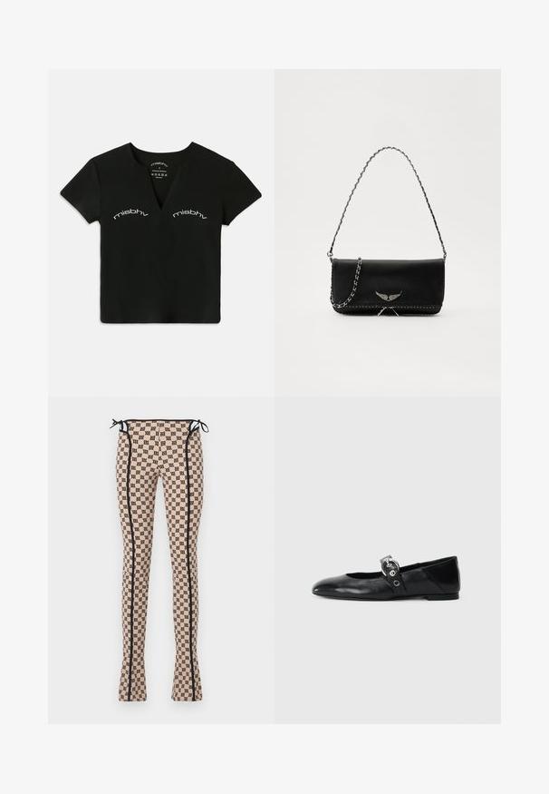 Mustard värvi lühikeste varrukate ja V-kaelusega lühike topp, millel on valge "misbhv" tekst prinditud kaks korda rinnapiha kohal.; Kujundusega retuusid heledas virsiku toonis musta logo prindiga, mustade külgõmbluste ja paeltega vöökohta. Laienev disain.; Mustadest nahast balleti kingad terava varbaga, millel on rihm ümmarguse metallist pandlaga ja lame tald.; Mustvalge nahk käekott hõbedase ahelsanga ja dekoratiivsete tiivaaktsentidega, samuti valgete õmblustega alumises ühenduses.