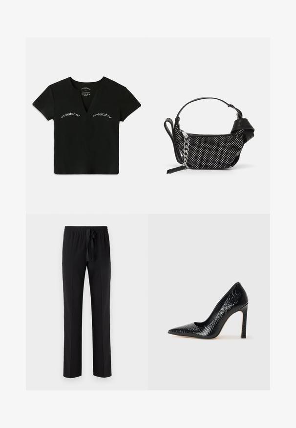 Crop top noir à manches courtes et en V avec le texte blanc "misbhv" imprimé deux fois au-dessus de la poitrine.; Pantalons noirs avec une taille élastique et un cordon de serrage ajustable, présentant une coupe droite et une texture lisse. Sans motifs ni accents.; Escarpin noir à bout pointu avec texture en cuir de crocodile, présentant un design élégant, un haut talon aiguille et un intérieur noir lisse.; Sac à main noir avec des embellissements cloutés, une bandoulière en chaîne et une poignée en cuir lisse, de forme arrondie et avec un compartiment zippé.