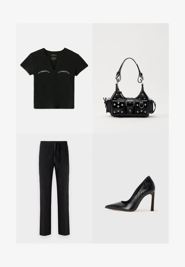 Sort kortærmet V-hals crop top med hvid "misbhv" tekst trykt to gange over brystområdet.; Sorte bukser med elastisk talje og justerbar snor, med et lige ben-design og glat tekstur. Ingen mønstre eller accenter.; Sorte spidse tå stiletto-sko i krokodilleskind med et strømlinet design, høj hæl og glat sort inderside.; Sort læderhåndtaske med et buet design, prydet med sølvfarvede nitter, en spænde og to sidelommer. Justerbar rem til forskellige bære muligheder.