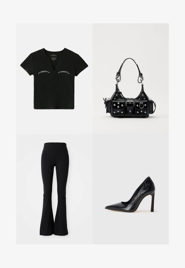 Črno kratkoslečeno V-izrezano kratko majico z belim besedilom "misbhv" natisnjenim dvakrat nad področjem prsnega koša.; Črne flared legice iz raztegljivega materiala, z visokim pasom in gladko teksturo. Brez vzorcev ali vidne opreme.; Črne čevlje z visoko peto in konico v obliki puščice, z teksturo krokodilje kože, ki se ponašajo s sleek oblikovanjem, visokim stiletto peto in gladkim črnim notranjostjo.; Črna usnjena torbica s ukrivljenim dizajnom, ki vsebuje srebrne žebljičke, zaponko in dve stranski žepki. Nastavljiv trak za različne možnosti nošenja.