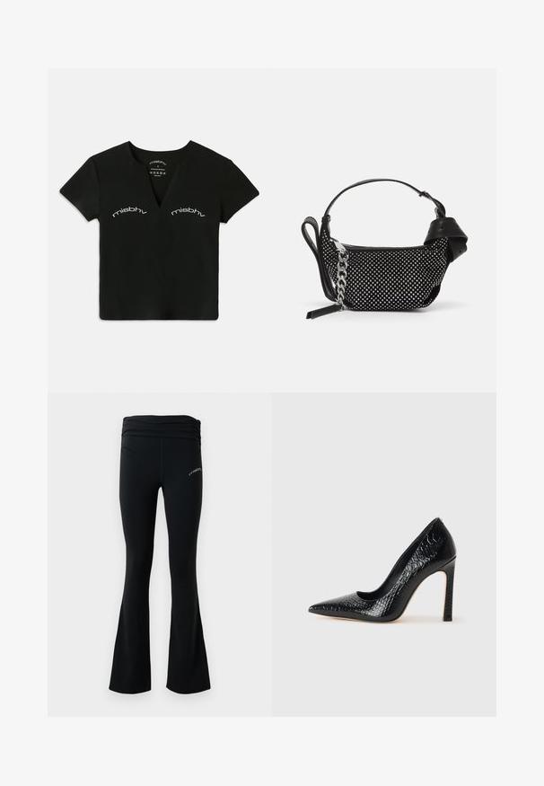 Sort kortærmet V-hals crop top med hvid "misbhv" tekst trykt to gange over brystområdet.; Sorte yoga pants med flared ben, ruchet talje og lille hvidt logo på overlåret, præsenteret mod en ensfarvet hvid baggrund.; Sorte spidse tå stiletto-sko i krokodilleskind med et strømlinet design, høj hæl og glat sort inderside.; Sort håndtaske med naglede dekorationer, en kædestrop og et glat læderhåndtag, med en rund form og en lynlåslomme.