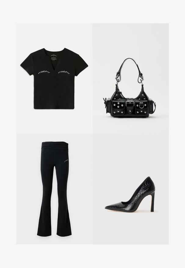 Crop top noir à manches courtes et en V avec le texte blanc "misbhv" imprimé deux fois au-dessus de la poitrine.; Pantalons de yoga évasés noirs avec une taille froncée et un petit logo blanc sur la cuisse, présentés sur un fond blanc uni.; Escarpin noir à bout pointu avec texture en cuir de crocodile, présentant un design élégant, un haut talon aiguille et un intérieur noir lisse.; Sac à main en cuir noir au design courbé, avec des clous en argent, une boucle et deux poches latérales. Bandoulière réglable pour différentes options de transport.