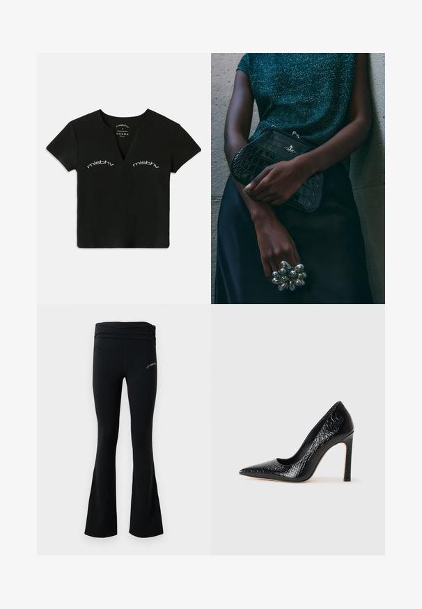 Top corto negro de manga corta con escote en V y texto blanco "misbhv" impreso dos veces sobre el área del pecho.; Pantalones de yoga negros de campana con una cinturilla fruncida y un pequeño logo blanco en el muslo superior, exhibidos sobre un fondo blanco liso.; Zapato de tacón alto negro con punta afilada y textura de piel de cocodrilo, que presenta un diseño elegante, un alto tacón de aguja y un interior negro suave.; Bolso de mano negro con estampado de cocodrilo y herrajes plateados, sostenido frente a un fondo gris texturizado. Presenta una superficie brillante.