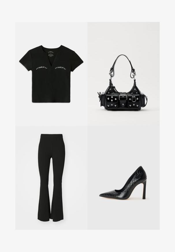 Crop top noir à manches courtes et en V avec le texte blanc "misbhv" imprimé deux fois au-dessus de la poitrine.; Pantalons noirs évasés en tissu extensible, avec une taille haute et une surface lisse et sans embellissement. Design simple et ajusté.; Escarpin noir à bout pointu avec texture en cuir de crocodile, présentant un design élégant, un haut talon aiguille et un intérieur noir lisse.; Sac à main en cuir noir au design courbé, avec des clous en argent, une boucle et deux poches latérales. Bandoulière réglable pour différentes options de transport.
