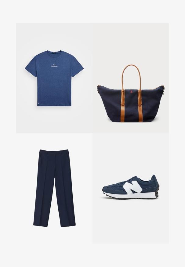 T-shirt en coton bleu marine à manches courtes, col rond, avec "Polo Ralph Lauren" brodé en blanc sur la poitrine. Petit logo en bas.; Pantalon ajusté bleu marine avec une jambe droite, doté de plis devant et de poches latérales. Le tissu semble lisse et structuré.; Baskets de sport bleu marine avec logo blanc, en suède et maille, dotées d'un col rembourré, de lacets plats et d'une semelle en caoutchouc noir texturé.; Sac de voyage en toile marine avec des sangles en cuir beige, fermeture éclair, et un petit logo rouge sur le devant, présentant un design large et spacieux.