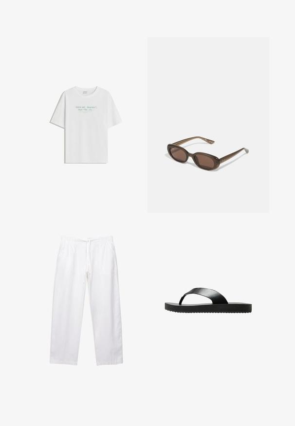 Biela bavlnená tričko s voľným strihom, okrúhlym výstrihom a svetlozeleným textom: "ČERSTVÝ VZDUCH, PLAYLIST, VOĽNÝ ČAS, a pod..." na prednej strane.; Biele, voľné nohavice vyrobené z ľahkej textílie. Obsahujú elastický pás s šnúrkou a dve bočné vrecká.; Čierne žabky s plochou podrážkou vyrobené z hladkého materiálu. Majú minimalistický dizajn s jedným pásikom a textúrovanou spodnou časťou.; Hnedé oválne slnečné okuliare s tmavými sklami. Rám je vyrobený z priesvitného hnedého materiálu a na spánkoch má vytlačené logo.