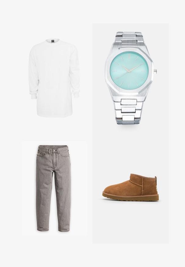 Long-sleeve white cotton t-shirt with a round neckline, loose fit, and ribbed cuffs. Plain design, no graphics or patterns.; Gray denim jeans with a high waist, straight leg design, subtle fading, five pockets, and metal button closure.; Tan suede ankle boot with a rounded toe, subtle stitching details, and a textured rubber sole. Short height without laces.; Silver octagonal watch with a light turquoise dial, minimalist silver hands, and hour markers. Metallic link bracelet with brushed texture.