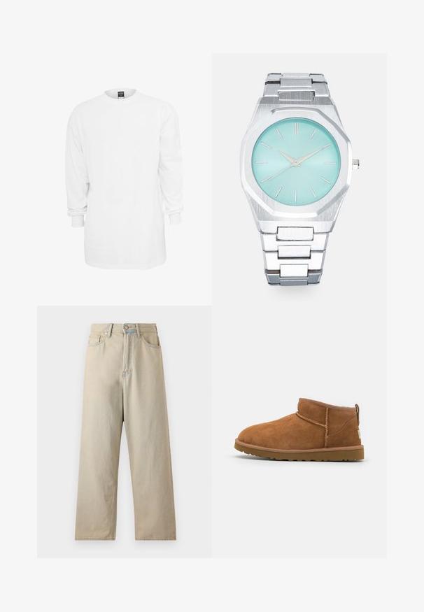 Biała bawełniana koszulka z długim rękawem, okrągłym dekoltem, luźnym krojem i ściągaczami przy rękawach. Gładki design, bez grafik ani wzorów.; Jasne beżowe dżinsy o szerokich nogawkach i wysokim stanie, wykonane z denimu. Posiadają klasyczny styl pięciu kieszeni oraz subtelne wyblaknięcia.; Beżowe zamszowe botki za kostkę z okrągłym noskiem, subtelnymi detalami przeszyć oraz teksturowaną gumową podeszwą. Niskie, bez sznurówek.; Srebrny ośmiokątny zegarek z jasnoniebieską tarczą, minimalistyczne srebrne wskazówki i znaczniki godzinowe. Metalowa bransoleta o szczotkowanej fakturze.