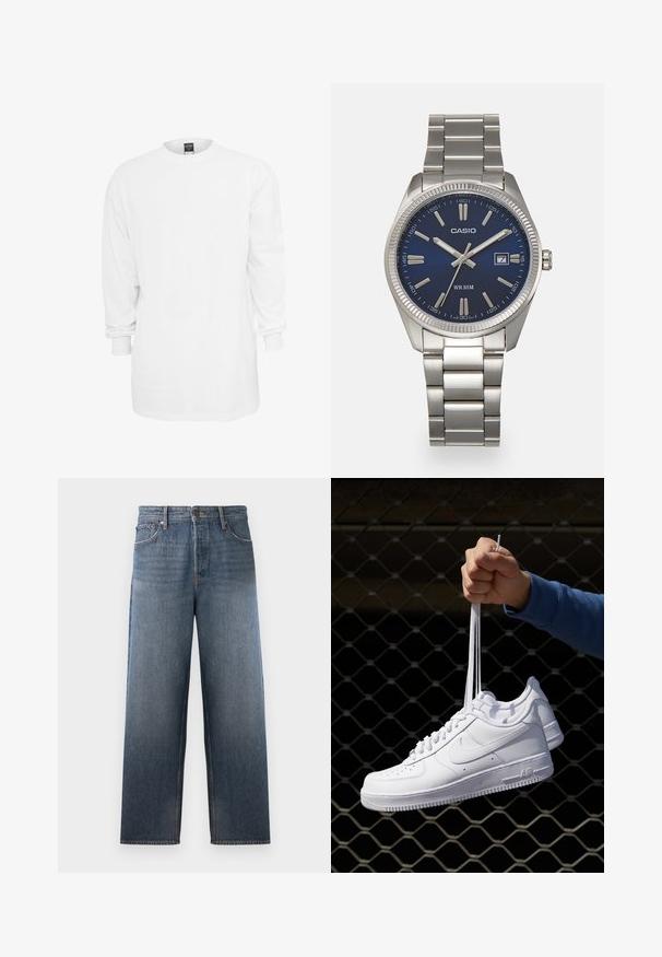 Hosszú ujjú fehér pamut póló, kerek nyakkivágással, laza fazonnal és bordás mandzsettával. Egyszerű, mintás és grafika nélküli dizájn.; Középkék farmernadrág egyenes szabásban, öt zsebbel, gombos és cipzáras záródással, valamint enyhe kopási hatásokkal.; Fehér bőr sportcipők perforációval, kerek orral, lapos talppal és vastag fűzőkkel, látható swoosh logóval és "AIR" felirattal a sarokrészen.; Ezüst színű rozsdamentes acél karóránk sötétkék számlapja van, fém óraszámlálókkal és egy dátumablakkal a 3 órás pozícióban. 50 méterig vízálló.