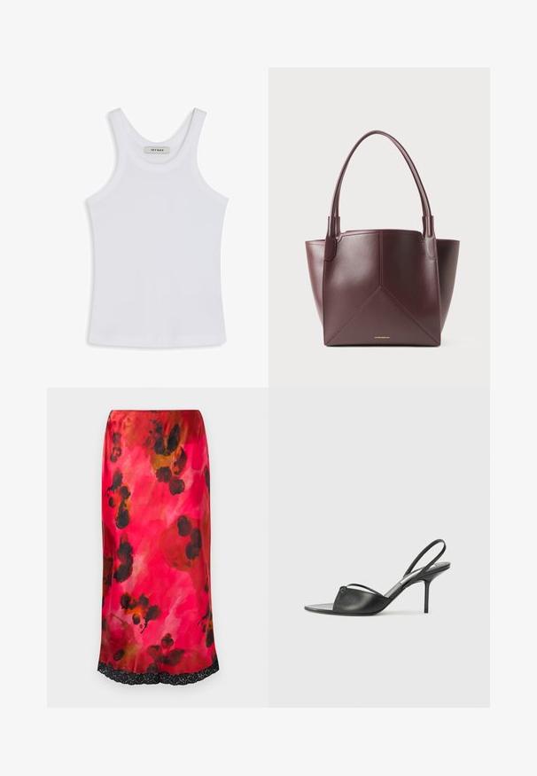 Biele tielko vyrobené z hladkej látky, s okrúhlym výstrihom a širokými ramienkami, s nálepkou vo vnútri s nápisom "IVY OAK."; Satinová midi sukňa s ružovým akvarelovým kvetinovým vzorom a čiernymi akcentami, s čipkovým lemom na spodnej časti. Hladká textura, priliehavý silueta.; Čierne kožené sandále na podpätku s ostrou špičkou, tenkým členkovým remienkom a stiletto podpätkom. Obsahujú uzlový detail na hornej časti.; Tmavohnedá kožená taška cez rameno s dvoma uchami a geometrickým prešívaním, so zlato sfarbeným textom značky blízko spodného stredu.