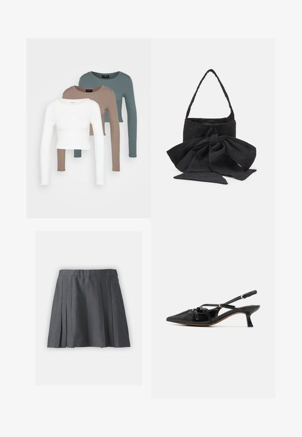 Három hosszú ujjú croptop egymásra rakva, színek: fehér, bézs és tompa türkiz, kerek nyakkivágással, világosszürke háttér előtt.; Szürke, redős szoknya texturált anyagból, derékpánttal és rejtett cipzárral. Egyenletesen elhelyezett redők jellemzik, ami strukturált megjelenést kölcsönöz.; Call it Spring REGINNA B.E.D FOAM - Klasszikus sarkú cipők - black; Fekete szövet kézitáska, amelyet megkötött masni díszít, kerek formájú, texturált felülete apró mintákkal, és egyetlen, vékony fogantyúval rendelkezik.