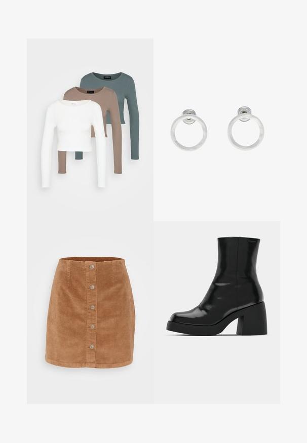 Trzy długie rękawy topy typu crop, ułożone jeden na drugim, w kolorach białym, beżowym i stłumionym turkusowym, z okrągłymi dekoltami na jasnoszarym tle.; Mini spódnica z kordurowego materiału w jasnobrązowym kolorze, z zapinaniem na guziki, siedmioma srebrnymi guzikami oraz teksturowanym, prążkowanym materiałem.; Czarne botki za kostkę o błyszczącej wykończeniu, kwadratowym czubku i grubym słupkowym obcasie. Projekt charakteryzuje się bezszwową sylwetką i minimalną marką.; Srebrne metalowe kolczyki w kształcie obręczy z matową teksturą, z okrągłym wzorem i przezroczystym zapięciem typu post, zapewniającym bezpieczne noszenie.