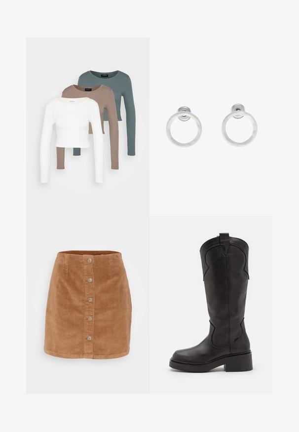 Trzy długie rękawy topy typu crop, ułożone jeden na drugim, w kolorach białym, beżowym i stłumionym turkusowym, z okrągłymi dekoltami na jasnoszarym tle.; Mini spódnica z kordurowego materiału w jasnobrązowym kolorze, z zapinaniem na guziki, siedmioma srebrnymi guzikami oraz teksturowanym, prążkowanym materiałem.; Czarne skórzane botki sięgające do kolan z okrągłym noskiem, grubym słupkowym obcasem i dekoracyjnym przeszyciem na cholewie. Posiadają pętelkę ułatwiającą zakładanie.; Srebrne metalowe kolczyki w kształcie obręczy z matową teksturą, z okrągłym wzorem i przezroczystym zapięciem typu post, zapewniającym bezpieczne noszenie.