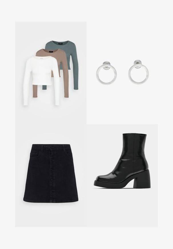 Trii dolgi rokavi kroji vrhovi zloženi, barve bela, bež in umirjena teal, z okroglimi izrezi na svetlo sivi podlagi.; Črn denim krilo s ravnim krojem, ki ima sprednjo zaporo na gumbe, dva stranska žepa in gladko teksturo.; Črne gležnjarje z sijajno površino, kvadratnim nosom in debelim blokskim peto. Oblikovanje izstopa s brezšivno silhueto in minimalnim logotipiranjem.; Srebrni kovinski obročasti uhani z brušenjem, s krožno obliko in prozornim zatičem za varno nošenje.