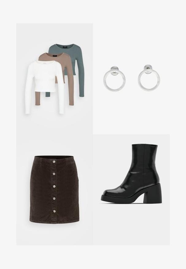 Three long-sleeve crop tops stacked, colors white, beige, and muted teal, with round necklines on a light gray background.; Brown corduroy skirt with a straight cut, featuring a front button closure and five silver buttons along the center. Textured fabric.; Black ankle boots with a glossy finish, square toe, and a thick block heel. The design features a seamless silhouette and minimal branding.; Silver metal hoop earrings with a brushed texture, featuring a circular design and a clear post back for secure wear.