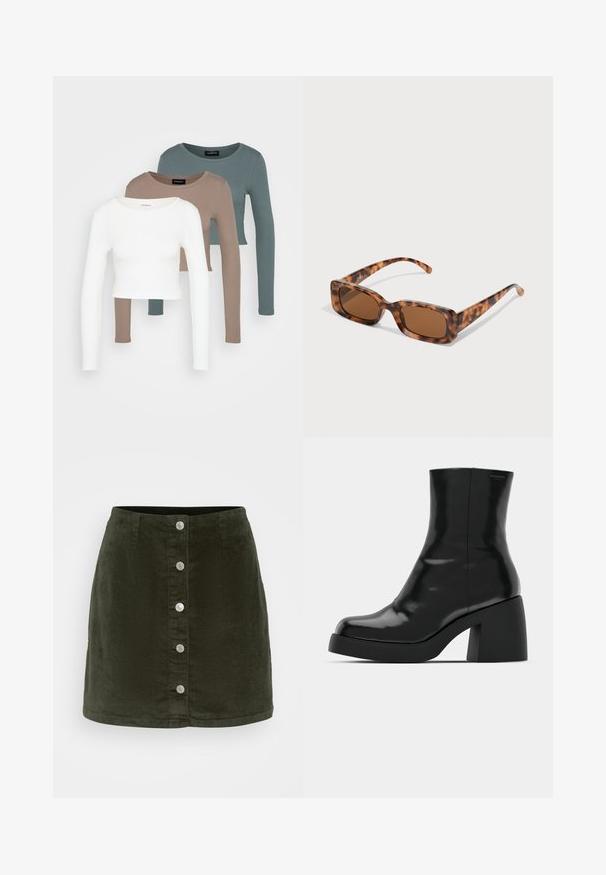 Three long-sleeve crop tops stacked, colors white, beige, and muted teal, with round necklines on a light gray background.; Vero Moda Petite VMETTA SHORT SKATER - A-line skirt - forest night; Black ankle boots with a glossy finish, square toe, and a thick block heel. The design features a seamless silhouette and minimal branding.; Tortoiseshell sunglasses with rectangular brown lenses, a thick frame, and slim arms featuring a pattern of varying shades of brown.; Silver metal hoop earrings with a brushed texture, featuring a circular design and a clear post back for secure wear.