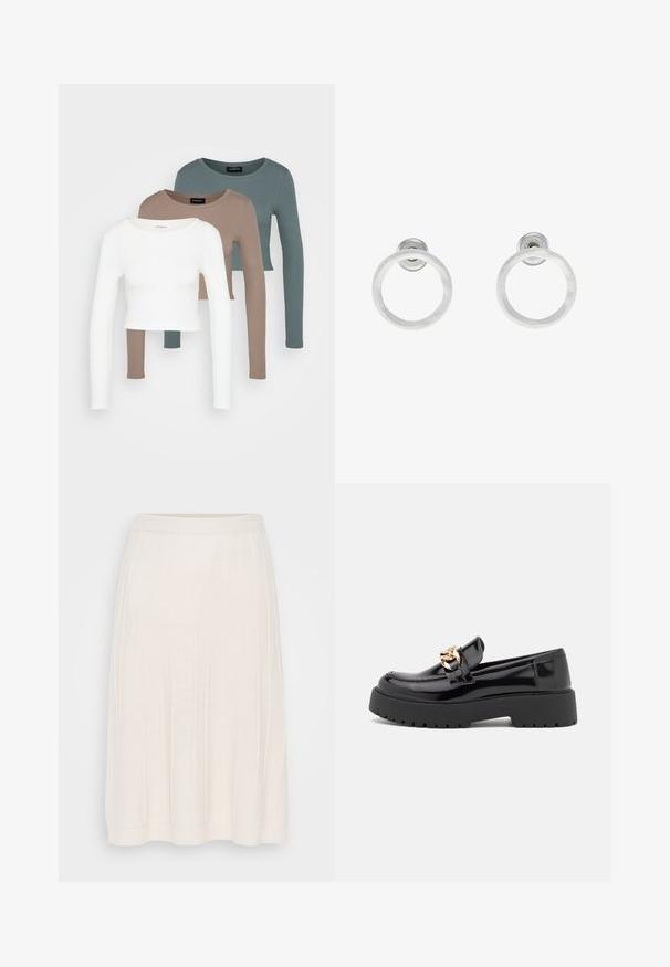 Tre långa ärmade croptopar staplade, i färgerna vit, beige och dämpad teal, med rund hals i en ljusgrå bakgrund.; Vit ribbad stickad kjol med midjeband, som når till mitten av vaden. Har vertikala linjer och en mjuk textur. Enkel, A-linjeformad silhuett.; Svarta lackläderloafers med en kraftig svart sula och detaljer i guld. Slät yta och rund tådesign.; Silvriga metallringörhängen med borstad yta, som har en cirkulär design och en genomskinlig stiftbaksida för säker användning.