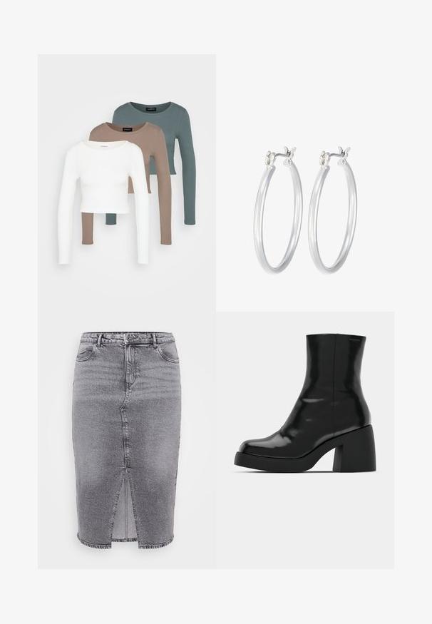 Trois crop tops à manches longues empilés, de couleurs blanche, beige et teal atténué, avec des encolures rondes sur un fond gris clair.; Jupe en denim gris avec une taille haute, une fente à l'avant et un design classique à cinq poches. Le tissu a une finition lisse et légèrement texturée.; Bottines noires à finition brillante, bout carré et épais talon bloc. Le design présente une silhouette homogène et un branding minimal.; Boucles d'oreilles en argent avec une finition lisse et polie. Forme ronde et fermeture à clip sécurisée. Design léger adapté pour un port quotidien.