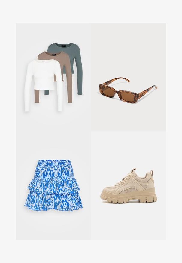 Trei bluze scurte cu mânecă lungă, așezate una peste alta, de culori alb, bej și verde-albastru estompat, cu gât rotund pe un fundal gri deschis.; Fustă albastră cu volane, având un model vibrant ikat. Prezintă straturi cu volănașe și un talie elastică pentru ajustabilitate. Materialul pare ușor.; Sneakers chunky bej cu un amestec de material din plasă și zăpadă, având o talpă groasă și un profil proeminent, design cu șireturi și detalii de branding.; Ochelari de soare cu rama țestoasă, cu lentile rectangulare maro, o ramă groasă și brațe subțiri, prezentând un model cu nuanțe variate de maro.