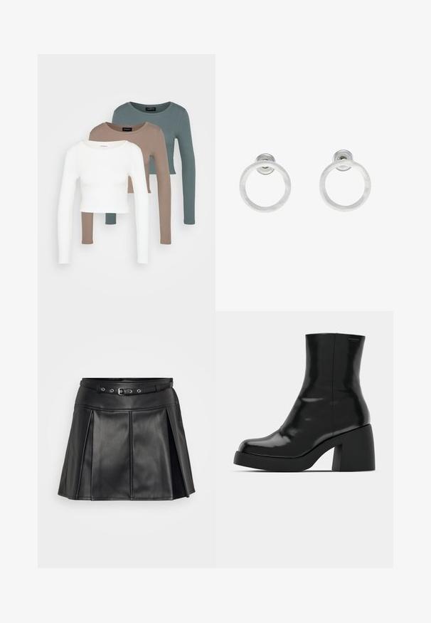 Trii dolgi rokavi kroji vrhovi zloženi, barve bela, bež in umirjena teal, z okroglimi izrezi na svetlo sivi podlagi.; Črna krilo iz umetnega usnja z oprijetim pasom, nastavljivim pasom in nabranim dizajnom. Ima gladko teksturo in prirejen kroj.; Črne gležnjarje z sijajno površino, kvadratnim nosom in debelim blokskim peto. Oblikovanje izstopa s brezšivno silhueto in minimalnim logotipiranjem.; Srebrni kovinski obročasti uhani z brušenjem, s krožno obliko in prozornim zatičem za varno nošenje.