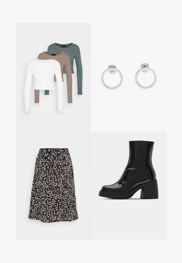 Tričko s dlhým rukávom v crop štýle, poskladané jedno na druhé v bielej, béžovej a tlmenej morskej farbe, s okrúhlym výstrihom na svetlo šedom pozadí.; Kvetinová midi sukňa s čiernym pozadím, zdobená malými ružovými, modrými a béžovými kvetmi. Elastický pás s detailom na zaviazanie, prúdiaci dizajn.; Čierne členkové topánky s lesklým povrchom, štvorcovou špičkou a širokým blokovým opätkom. Dizajn sa vyznačuje bezšvovou siluetou a minimálnym brandingom.; Strieborné kovové náušnice vo forme kruhov s brúsenou textúrou, so zaobleným dizajnom a priehľadným zarážkou pre bezpečné nosenie.