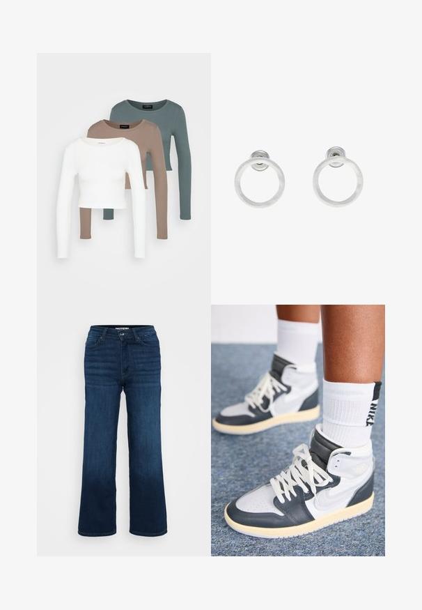 Kolme pitkähihasta lyhyttä toppia pinottuna, värit valkoinen, beige ja vaimea teal, pyöreillä kaula-aukkoilla vaaleanharmaata taustaa vasten.; ONLY Petite ONLMADISON BLUSH WIDE - Leveälahkeiset - dark blue denim; Jordan AIR JORDAN 1 HIGH METHOD OF MAKE - Korkeavartiset tennarit - anthracite/neutral grey/sail; Hopeista valmistetut korvakorut, joissa on harjattu pinta, ympyrän muotoinen muotoilu ja kirkas varsi takana, joka takaa turvallisen käytön.