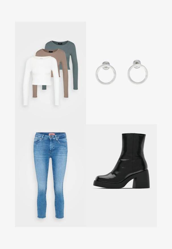 Tres tops cortos de manga larga apilados, en colores blanco, beige y verde azulado apagado, con cuellos redondos sobre un fondo gris claro.; Jeans skinny de denim azul claro con cintura media, diseño de cinco bolsillos y detalle de dobladillo sin tratar en los tobillos. Etiqueta de la marca visible en la cintura.; Botas de tobillo negras con un acabado brillante, punta cuadrada y un tacón grueso en bloque. El diseño presenta una silueta sin costuras y un minimalismo en la marca.; Pendientes de aro de metal plateado con una textura cepillada, que presentan un diseño circular y un respaldo transparente para un uso seguro.