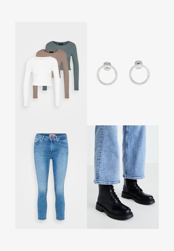 Tres tops cortos de manga larga apilados, en colores blanco, beige y verde azulado apagado, con cuellos redondos sobre un fondo gris claro.; Jeans skinny de denim azul claro con cintura media, diseño de cinco bolsillos y detalle de dobladillo sin tratar en los tobillos. Etiqueta de la marca visible en la cintura.; Botas de cuero negras hasta el tobillo con punta redonda, cierre de cordones en la parte delantera y suela gruesa y texturizada. Combinadas con pantalones de mezclilla azul claro.; Pendientes de aro de metal plateado con una textura cepillada, que presentan un diseño circular y un respaldo transparente para un uso seguro.