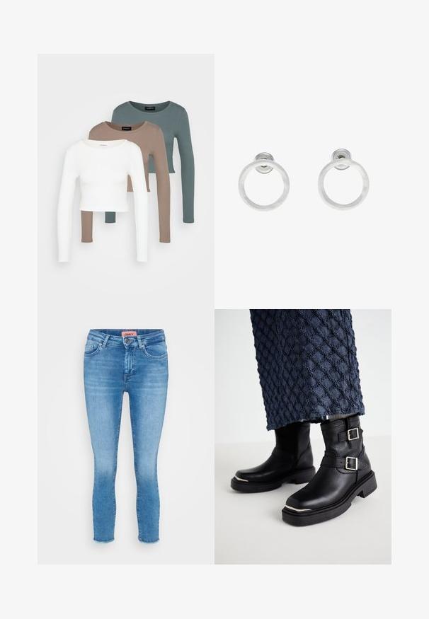 Trii dolgi rokavi kroji vrhovi zloženi, barve bela, bež in umirjena teal, z okroglimi izrezi na svetlo sivi podlagi.; Svetlo modri denim skinny jeans z srednjo visokim pasom, zasnovo s petimi žepi in surovo obrobo na gležnjih. Oznaka blagovne znamke vidna na pasu.; Črne usnjene gležnjače z dvojnimi zaponkami, teksturirano površino, kvadratnimi prsti in debelimi gumijastimi podplati. Izstopajoči srebrni detajli.; Srebrni kovinski obročasti uhani z brušenjem, s krožno obliko in prozornim zatičem za varno nošenje.