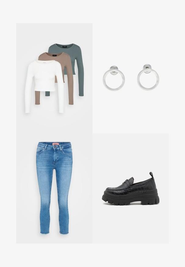 Drie lange mouw crop tops gestapeld, in de kleuren wit, beige en gedempt teal, met ronde halslijnen op een lichtgrijze achtergrond.; Lichtblauwe skinny jeans van denim met een middenhoge taille, vijf-pocketdesign en ruwe zoomdetail bij de enkels. Merkenlabel zichtbaar bij de taille.; Buffalo ASPHA LOAFER - Instappers - black; Zilveren metalen ringoorbellen met een geborstelde textuur, met een ronde vorm en een transparante bevestiging voor een veilige draagwijze.