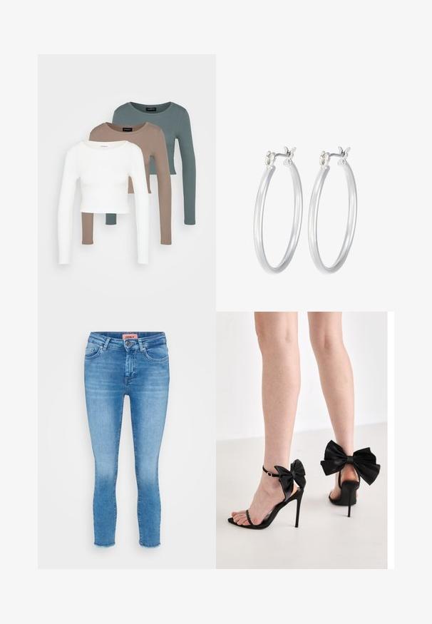 Kolme pitkähihasta lyhyttä toppia pinottuna, värit valkoinen, beige ja vaimea teal, pyöreillä kaula-aukkoilla vaaleanharmaata taustaa vasten.; Vaaleansiniset farkut, joissa on kapea malli ja keskikorkea vyötärö, viiden taskun muotoilu, sekä raakareunat nilkoissa. Brändin etiketti näkyy vyötäröltä.; Simmi London ELYNA - Sandaalit nilkkaremmillä - black; Hope-silver rengas, joissa on sileä ja kiillotettu pinta. Pyöreä muoto ja turvallinen napsautettava lukitus. Kevyt muotoilu sopii päivittäiseen käyttöön.